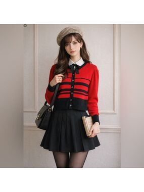 TALBOTS Wool Blend Cropped Button Front  Long Sleeve Cardigan Red & Black Sz M